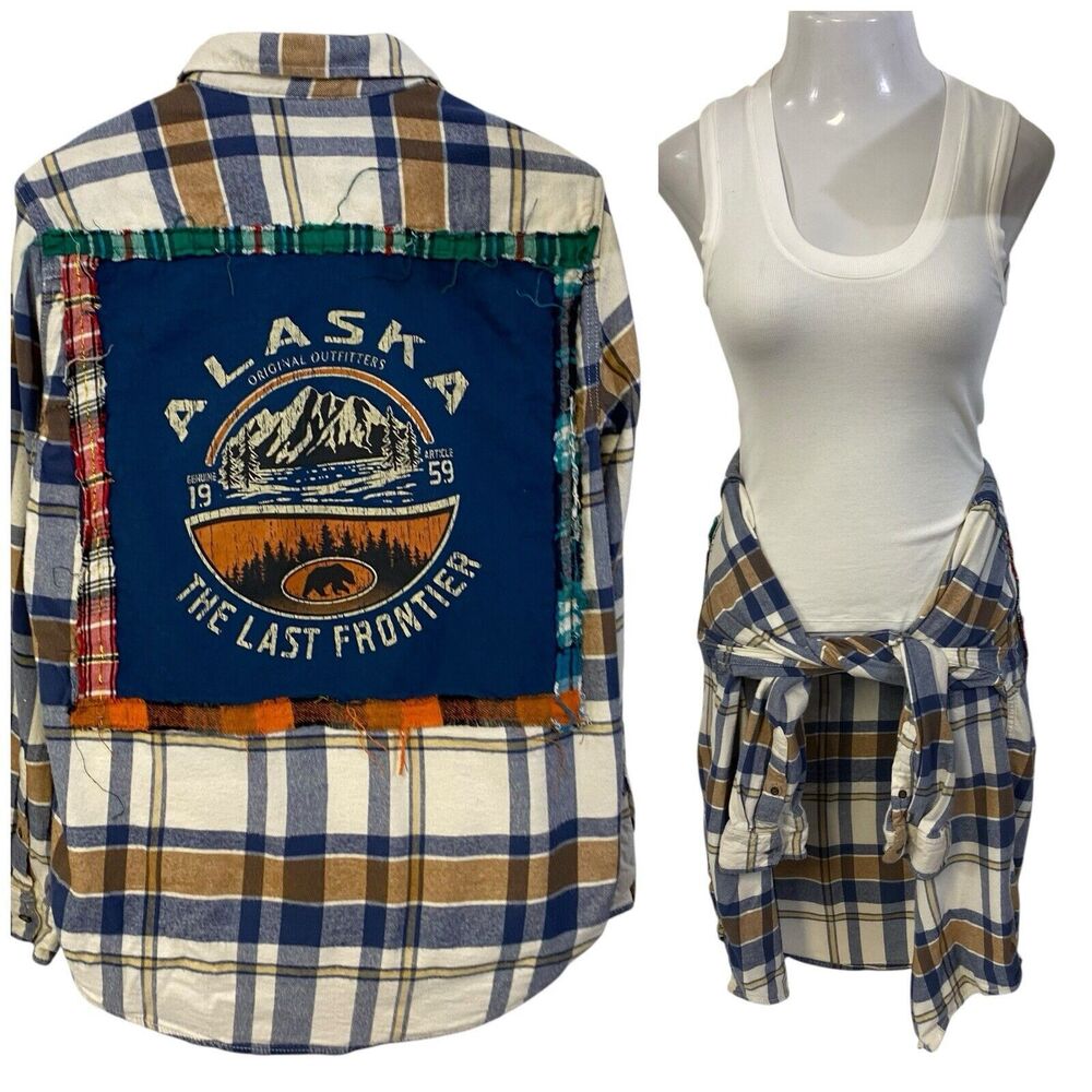 Alaska Flannel Shirt Womens Large Shacket Grunge Rock Concert Art Upcycled